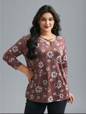BloomChic Floral Crisscross V-Neck Long Sleeve Top size 1X (14-16)
